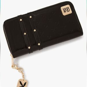 Playboy Textured Logo Bunny Embossed Zip Wallet- Black